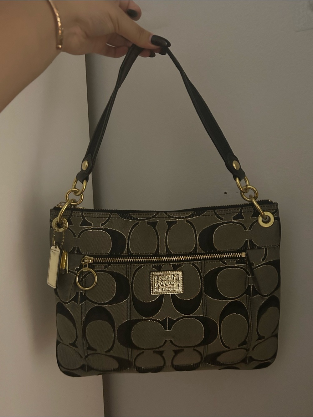 Coach Black and Brown Signature Shoulder Bag with Gold Hardware